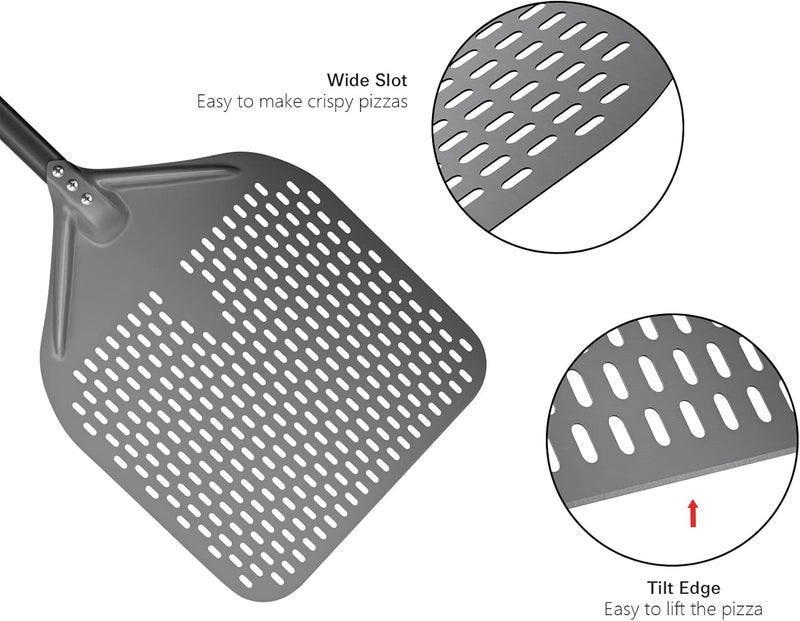 Karboby 14” Perforated Pizza Peel, Long Handle Hard Anodized Aluminum Pizza Peel, Extra Large Pizza Turning Peel, Professional Pizza Pizza Paddle, 34.8 inch overall - Image 2